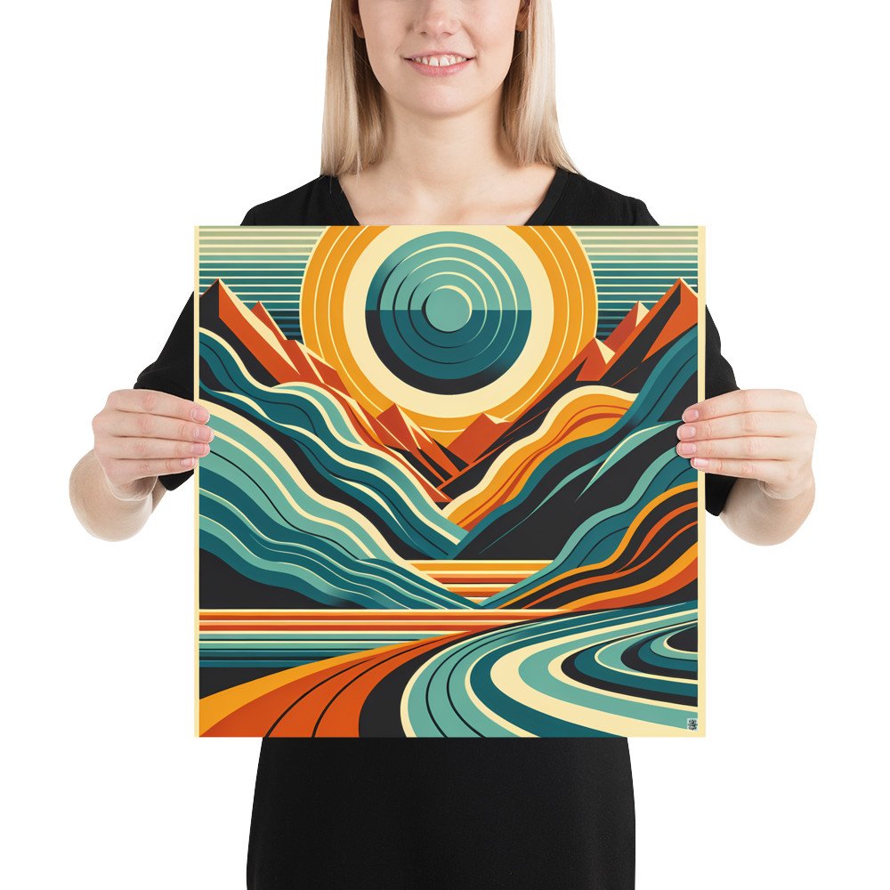 Geometric Sun and Mountains Landscape