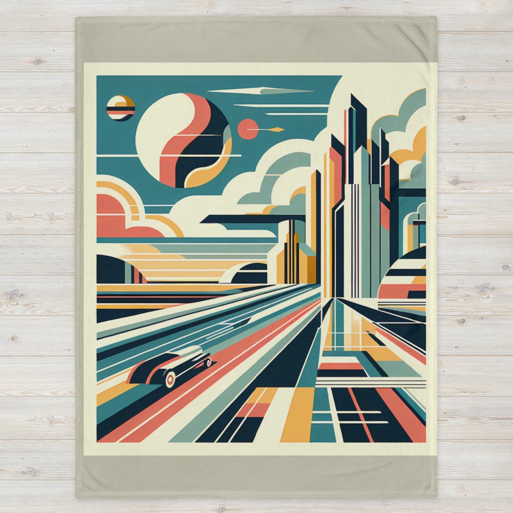Retro Futuristic City Skyline with Speeding Car