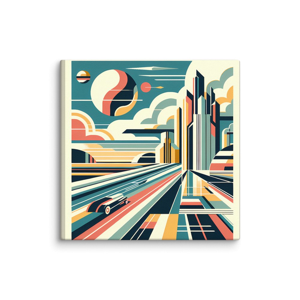 Retro Futuristic City Skyline with Speeding Car