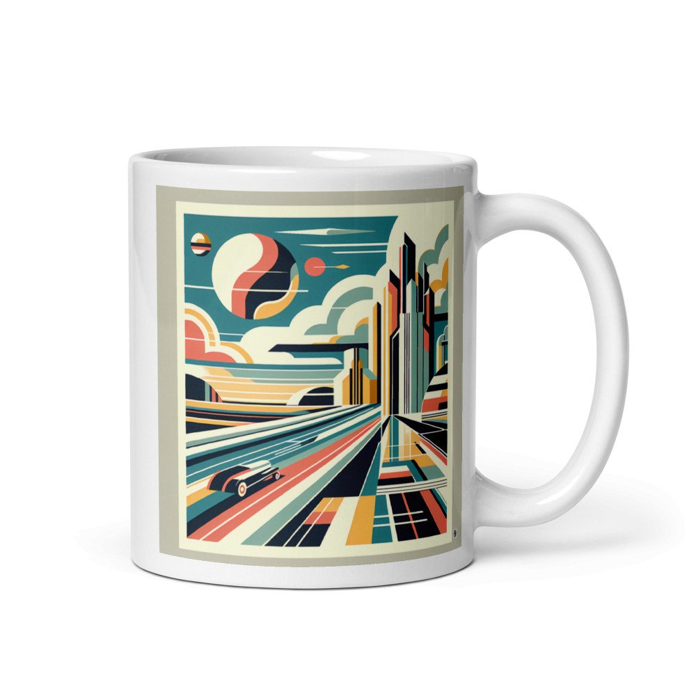 Retro Futuristic City Skyline with Speeding Car