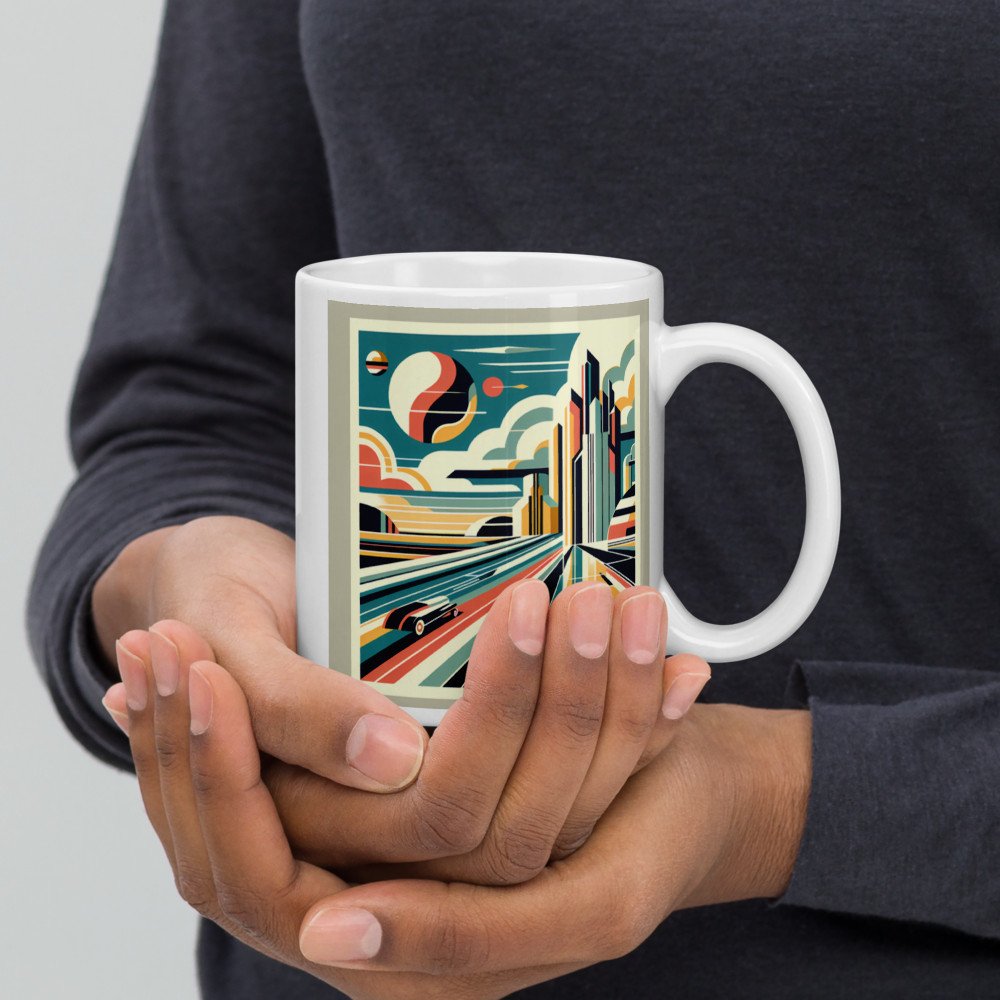 Retro Futuristic City Skyline with Speeding Car — Mug