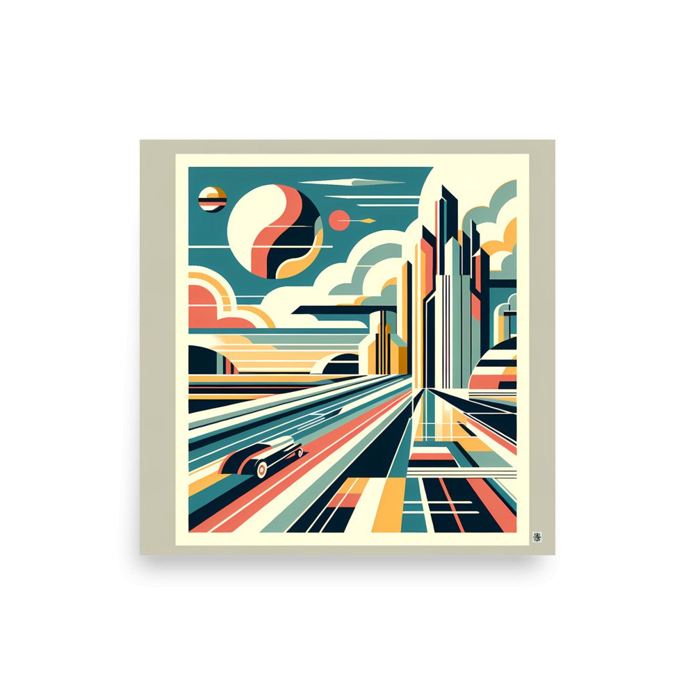 Retro Futuristic City Skyline with Speeding Car