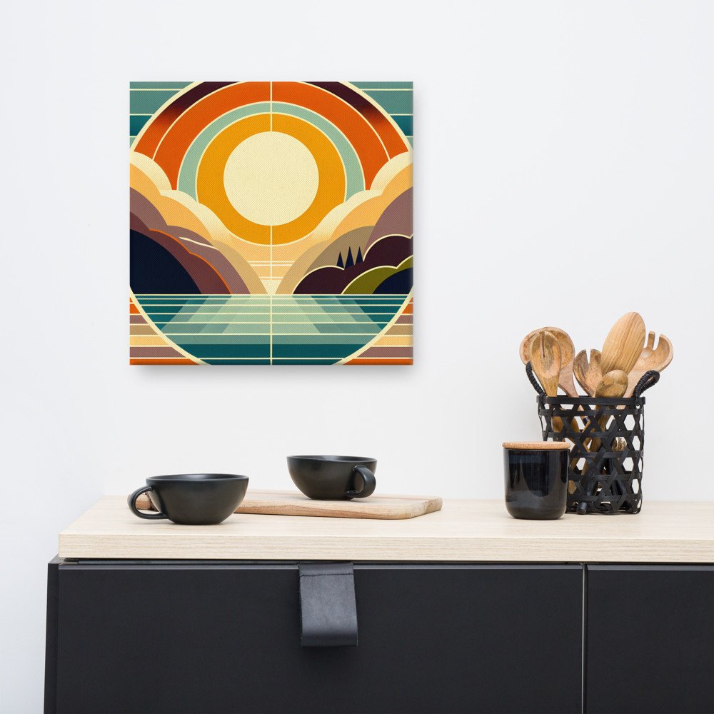 Geometric Sun Over Mountain Lake