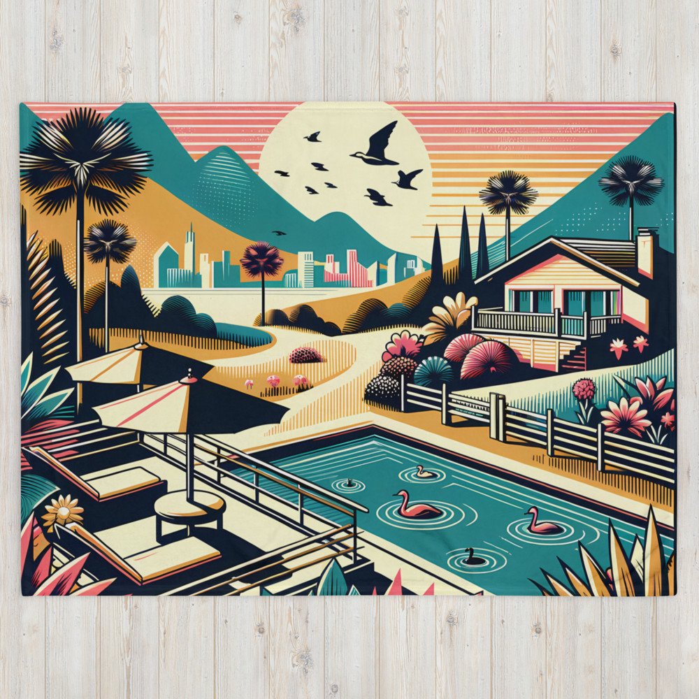 Retro Poolside Flamingos Sunset Mountain Landscape