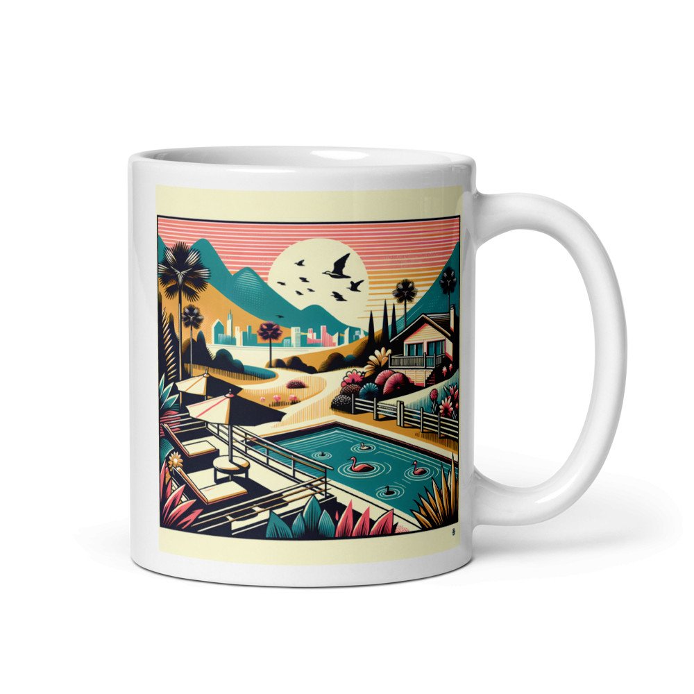 Retro Poolside Flamingos Sunset Mountain Landscape