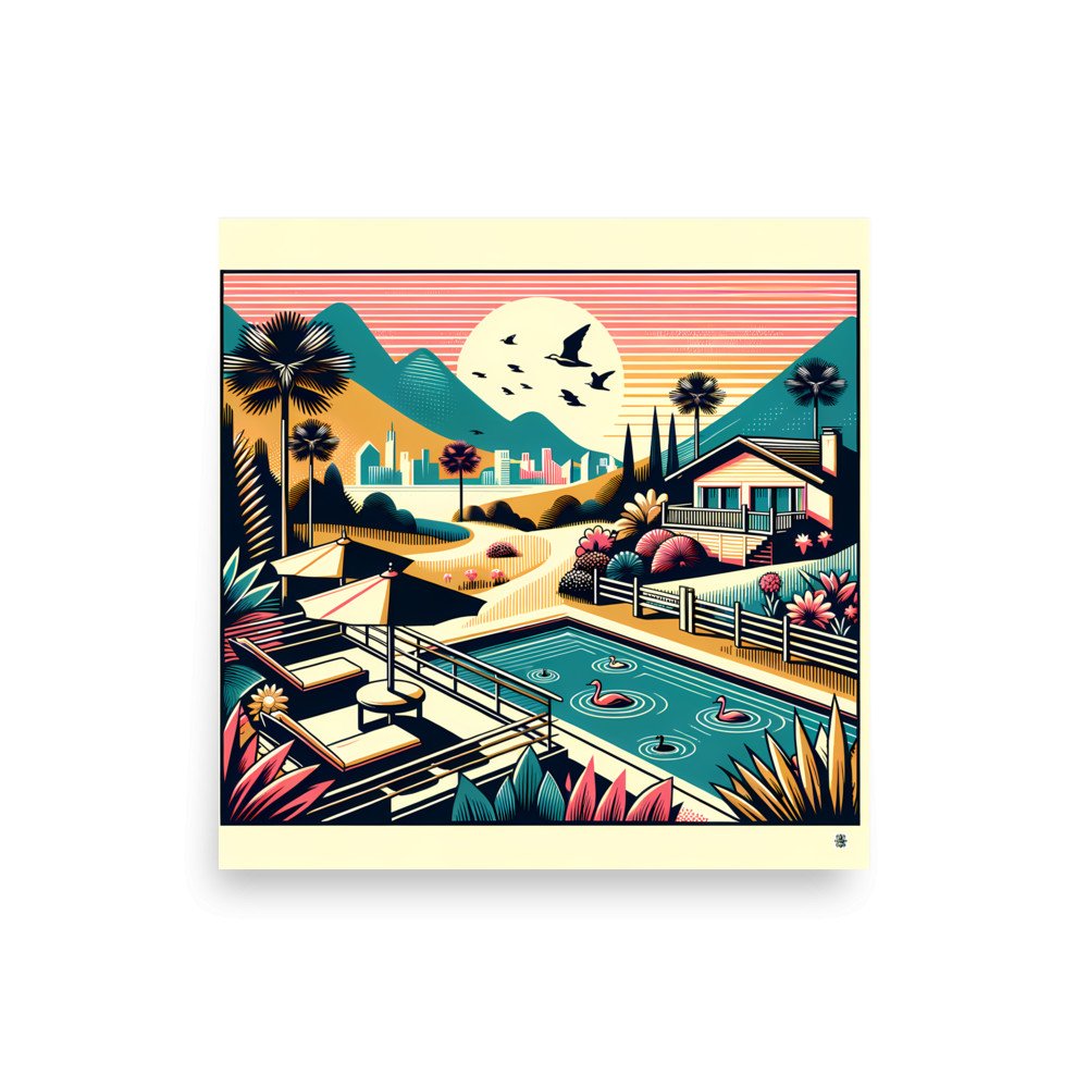 Retro Poolside Flamingos Sunset Mountain Landscape