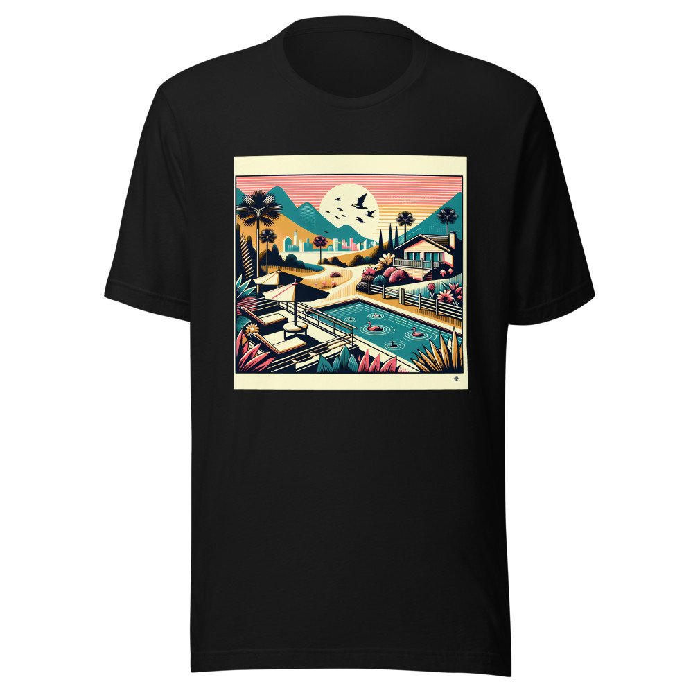 Retro Poolside Flamingos Sunset Mountain Landscape
