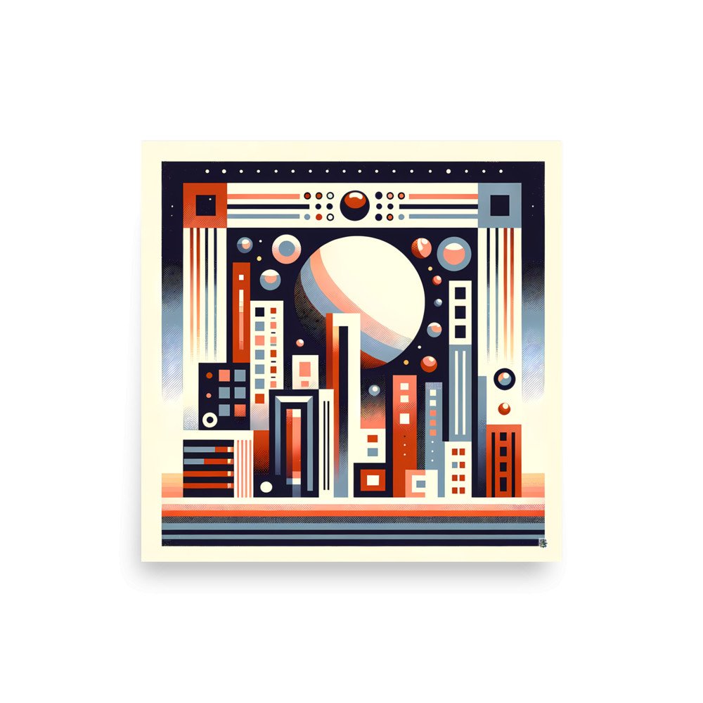 Retro Geometric Space Cityscape with Giant Planet