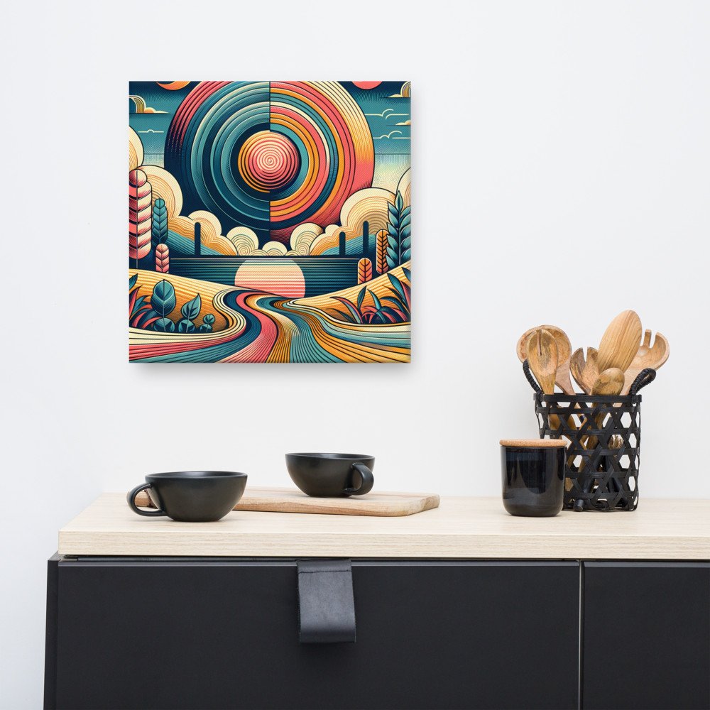 Retro Geometric Sunset Landscape with Spiral Sun