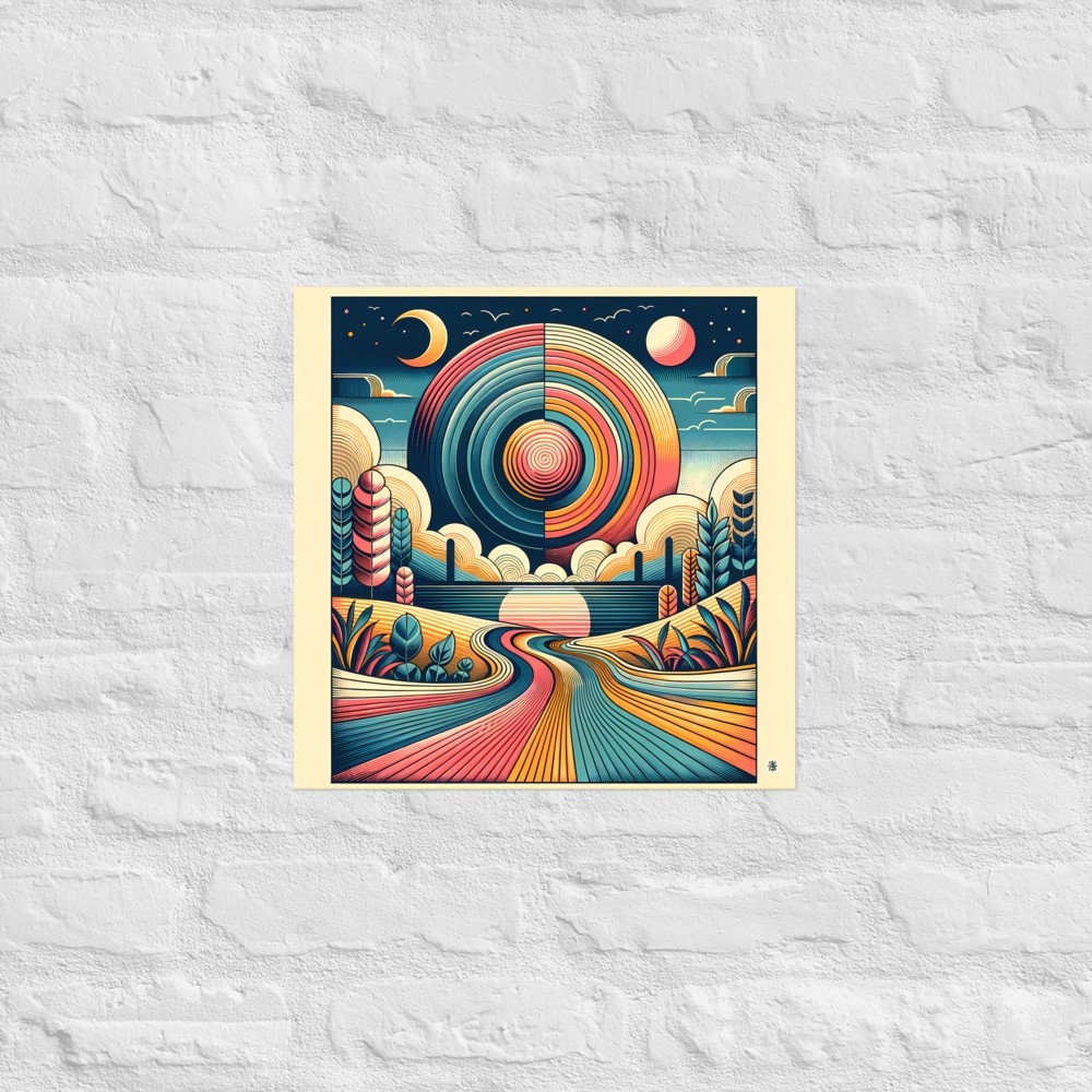 Retro Geometric Sunset Landscape with Spiral Sun