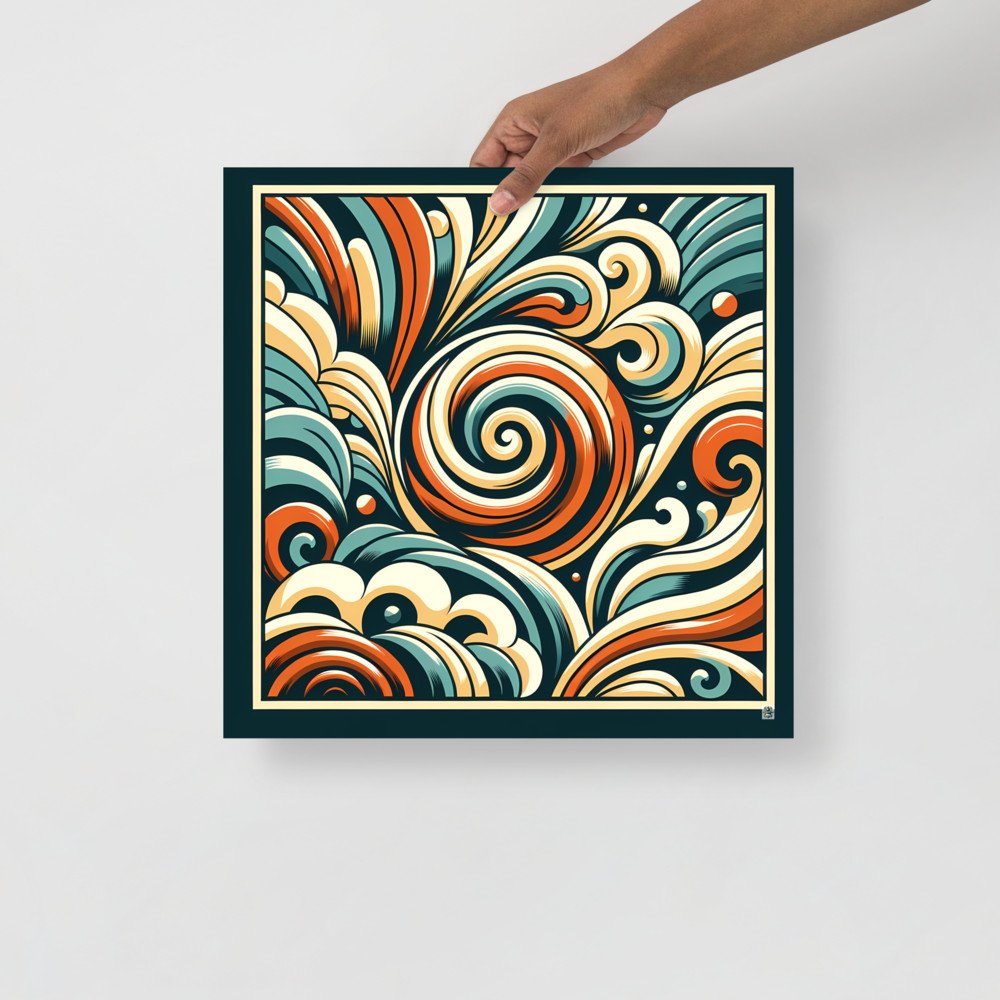 Retro Abstract Swirl Waves in Teal and Burnt Orange