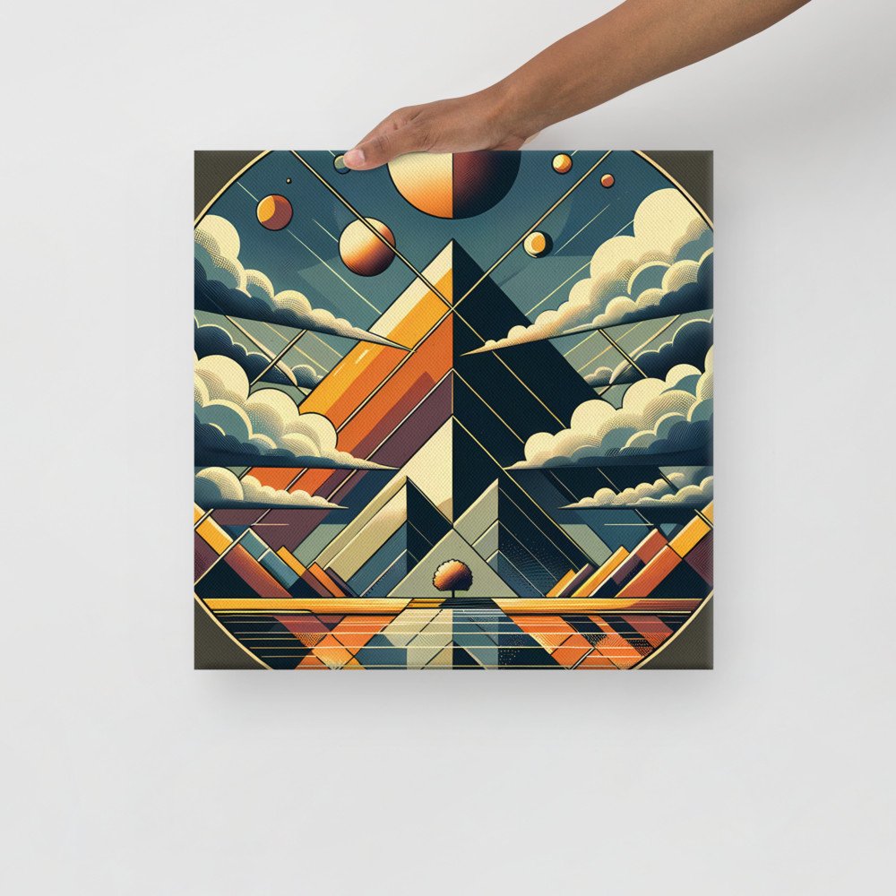 Retro Geometric Mountain Sky with Moons and Clouds