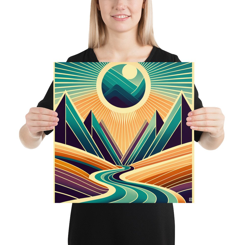 Geometric Mountain Valley with Radiant Sun