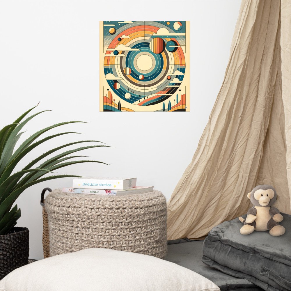 Retro Geometric Space Planets with Rainbow Rings
