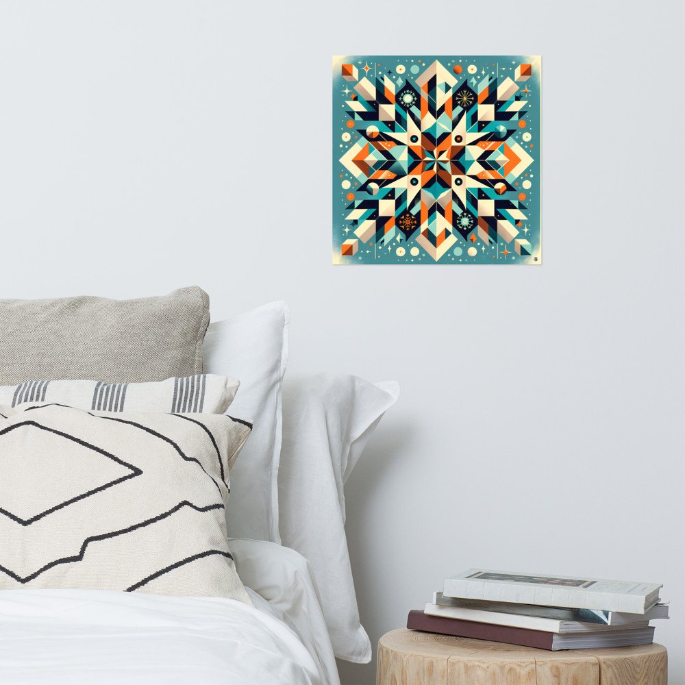 Geometric Snowflake Pattern in Teal and Orange — Poster