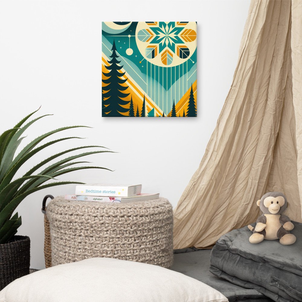 Geometric Winter Moon and Snowflake Landscape — Canvas Print