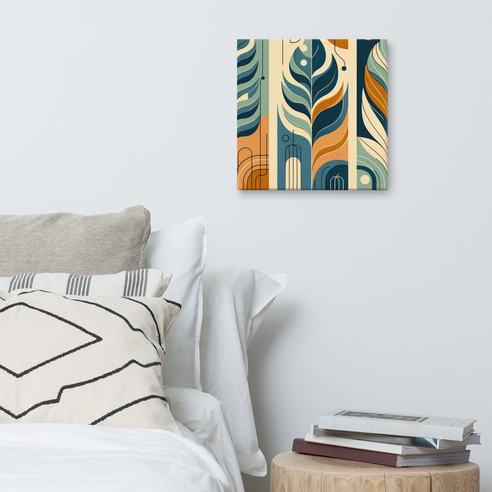 Abstract Botanical Leaves in Teal and Ochre — Canvas Print