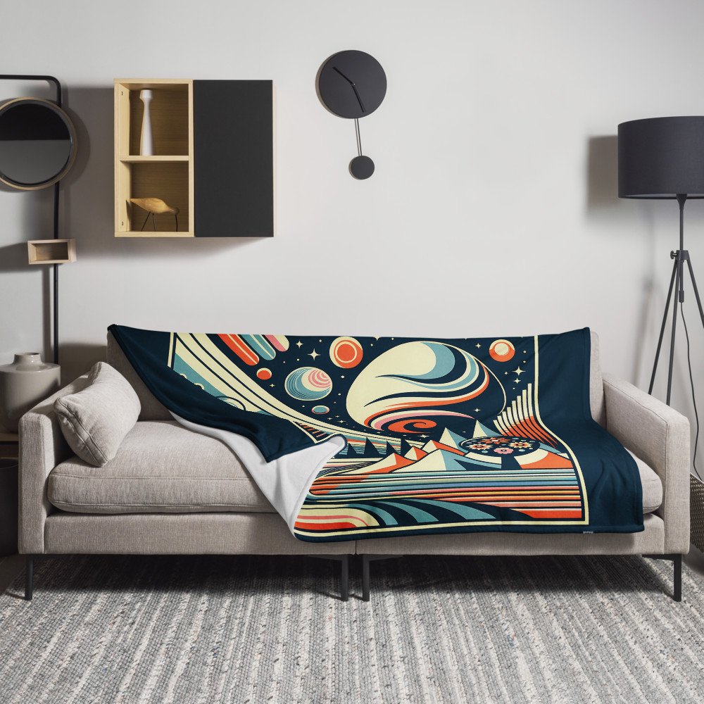 Retro Space Landscape with Planets and Geometric Peaks