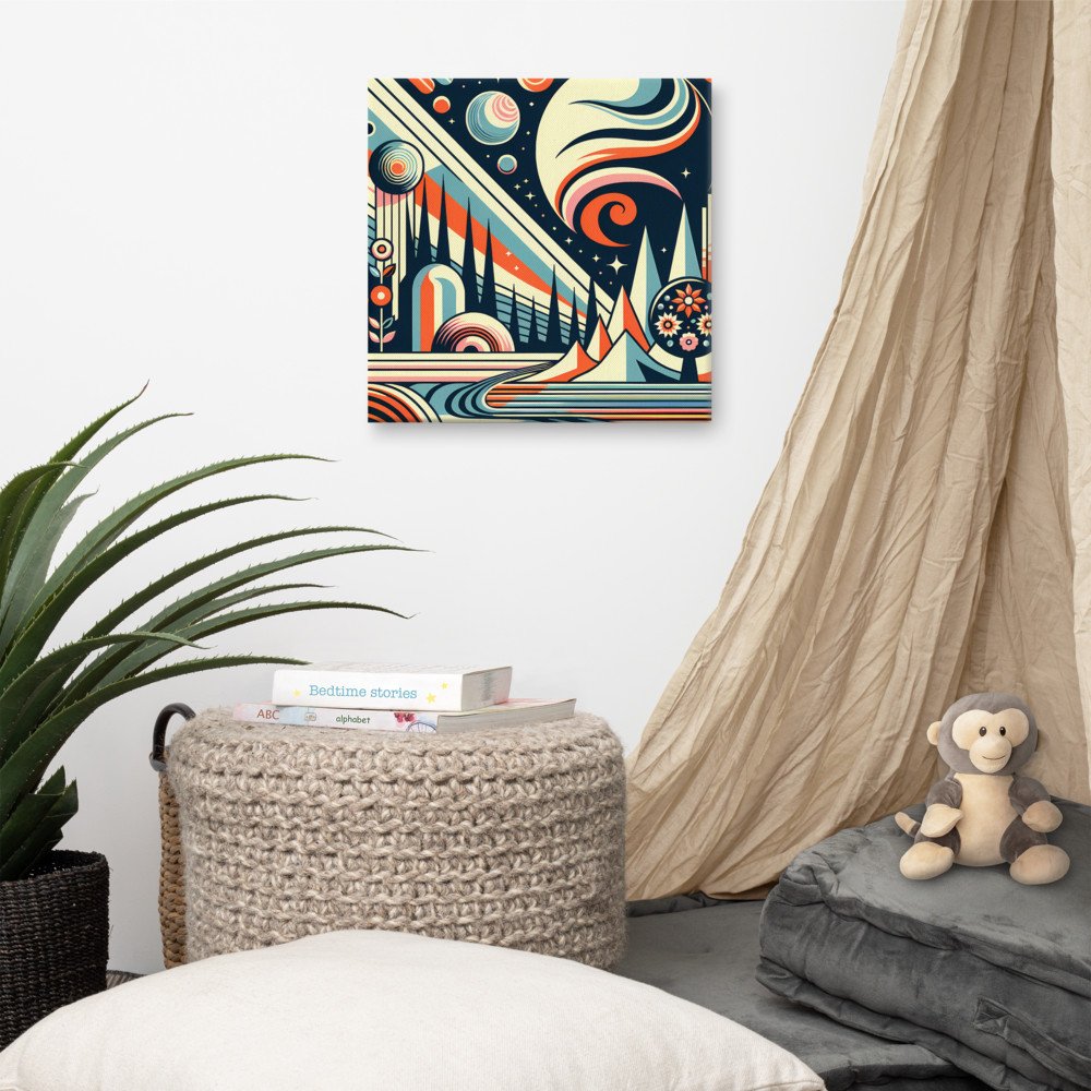 Retro Space Landscape with Planets and Geometric Peaks