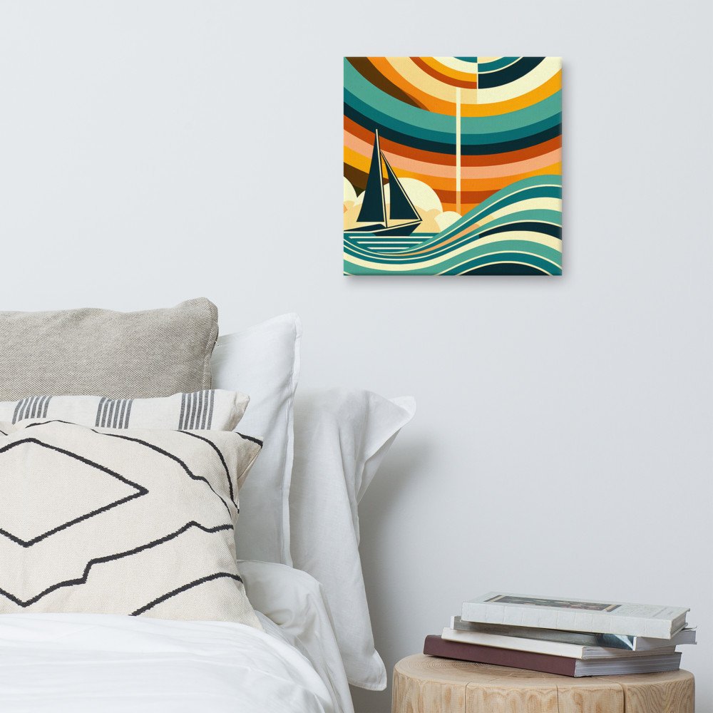 Geometric Sailboat Beneath Concentric Sunset Waves