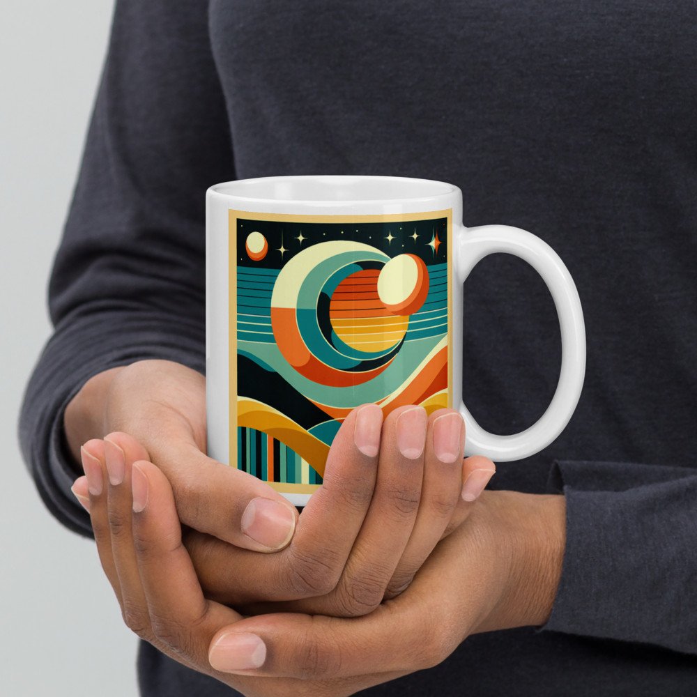 Geometric Sun and Moon Over Abstract Desert — Mug