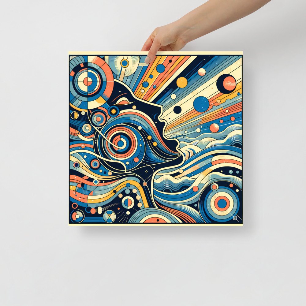 Retro Cosmic Woman Profile with Geometric Orbs