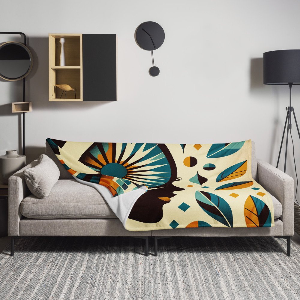 Abstract Face with Sunburst Eye and Leaves — Throw Blanket