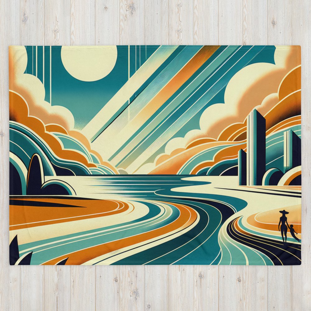 Retro Coastal Landscape with Sun and Geometric Clouds