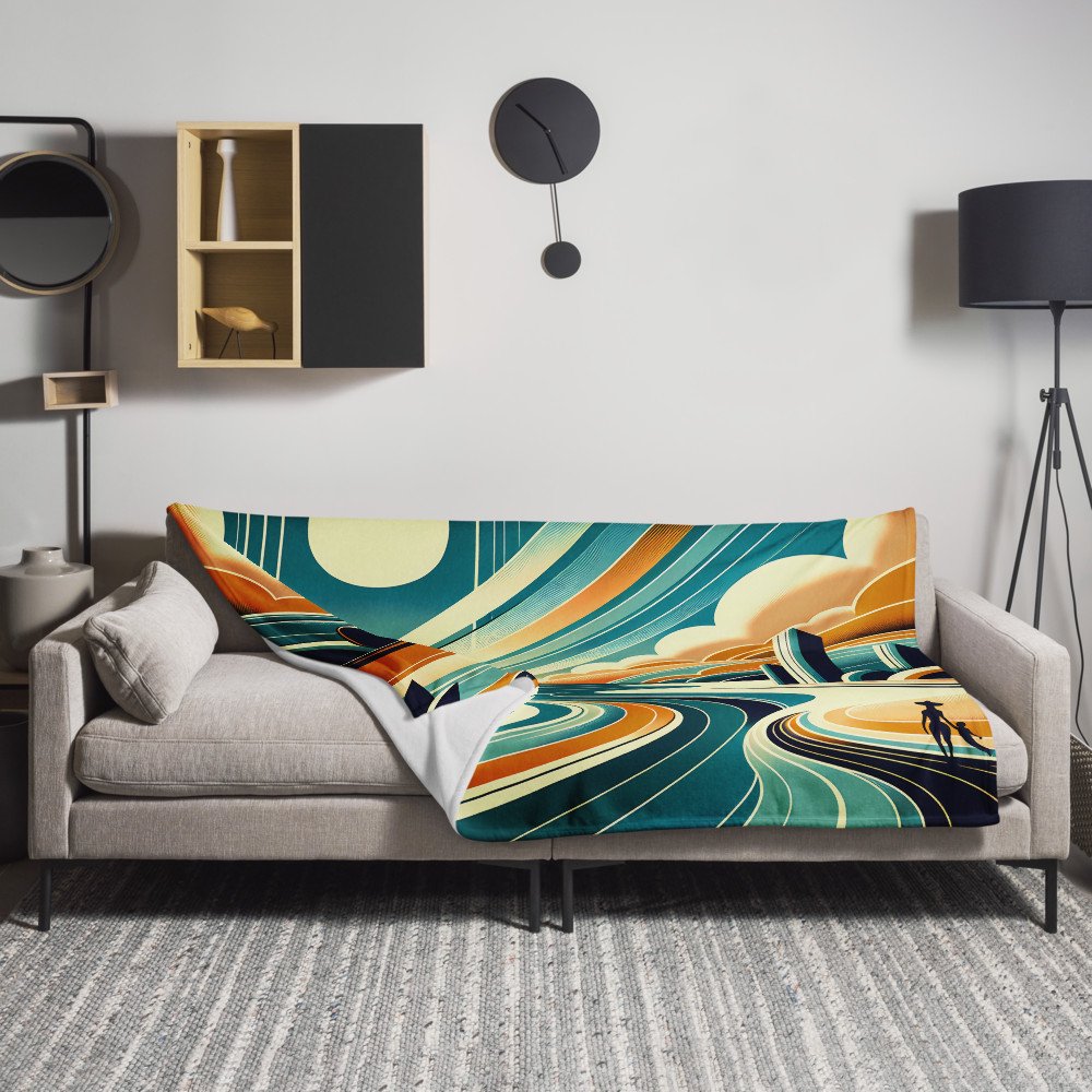 Retro Coastal Landscape with Sun and Geometric Clouds