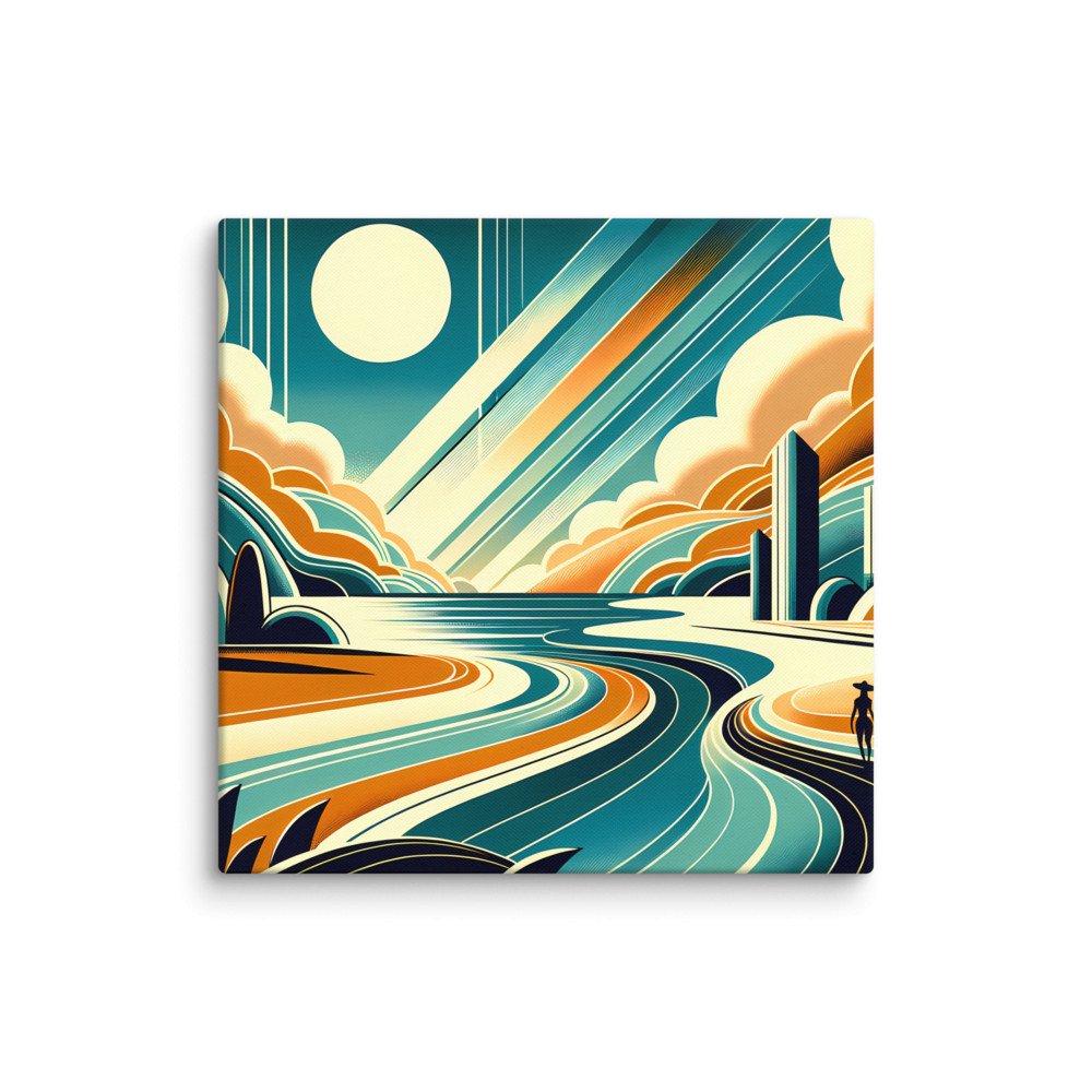 Retro Coastal Landscape with Sun and Geometric Clouds