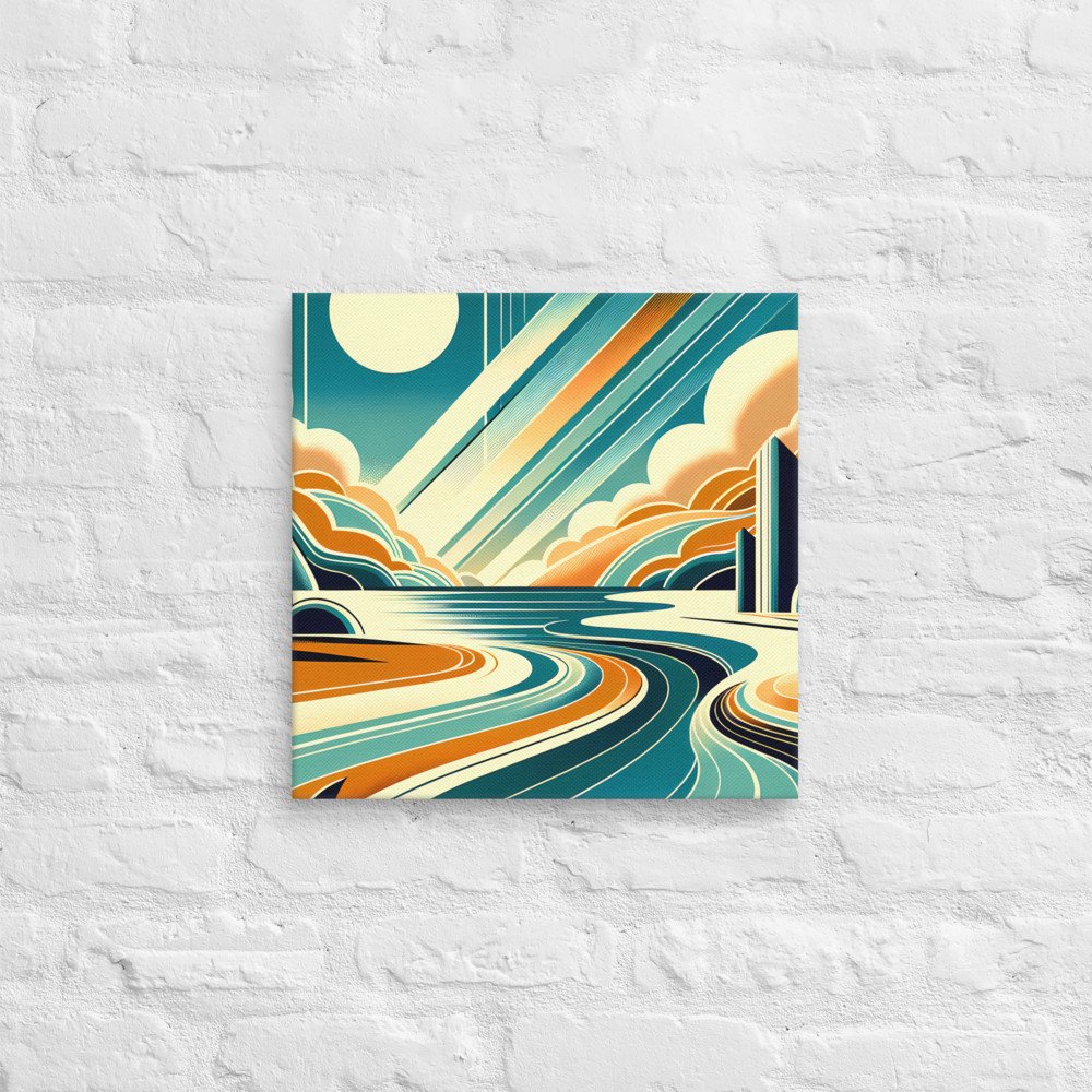 Retro Coastal Landscape with Sun and Geometric Clouds