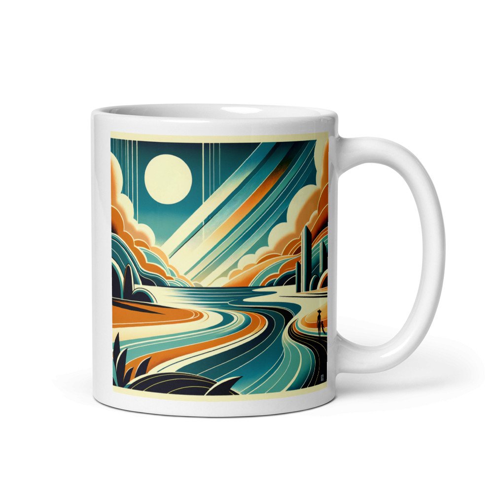 Retro Coastal Landscape with Sun and Geometric Clouds