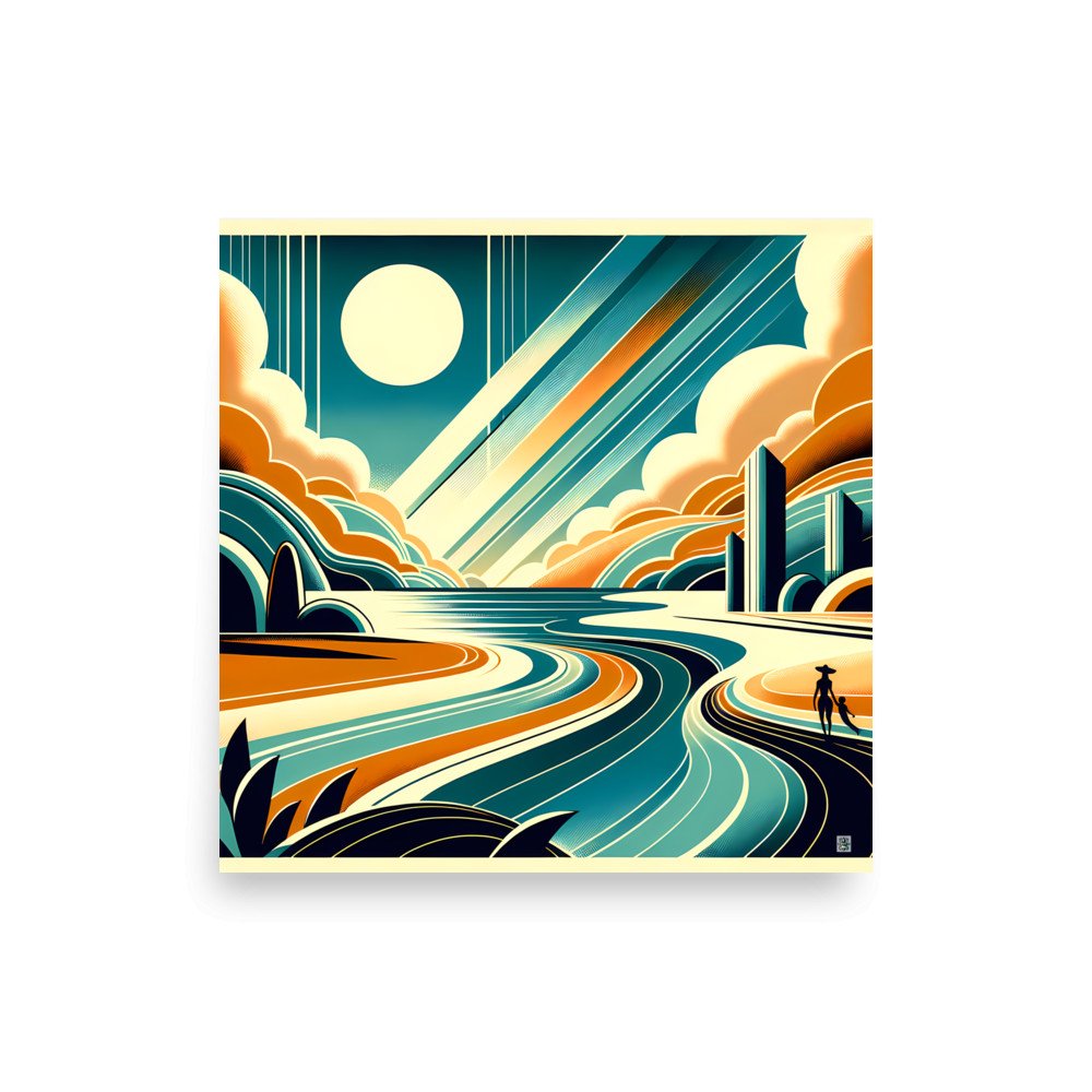 Retro Coastal Landscape with Sun and Geometric Clouds