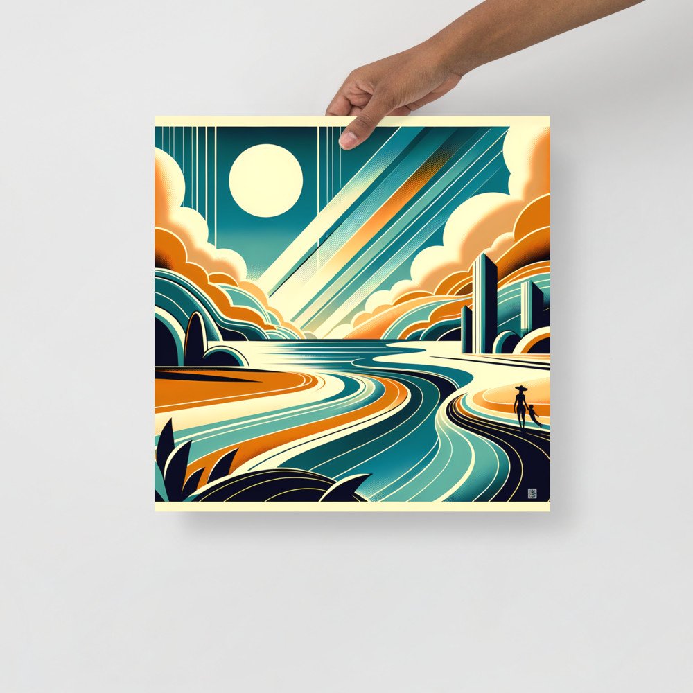 Retro Coastal Landscape with Sun and Geometric Clouds