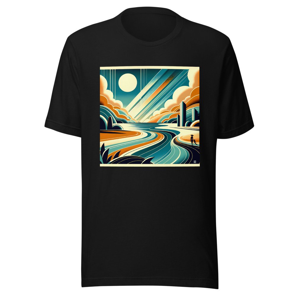 Retro Coastal Landscape with Sun and Geometric Clouds