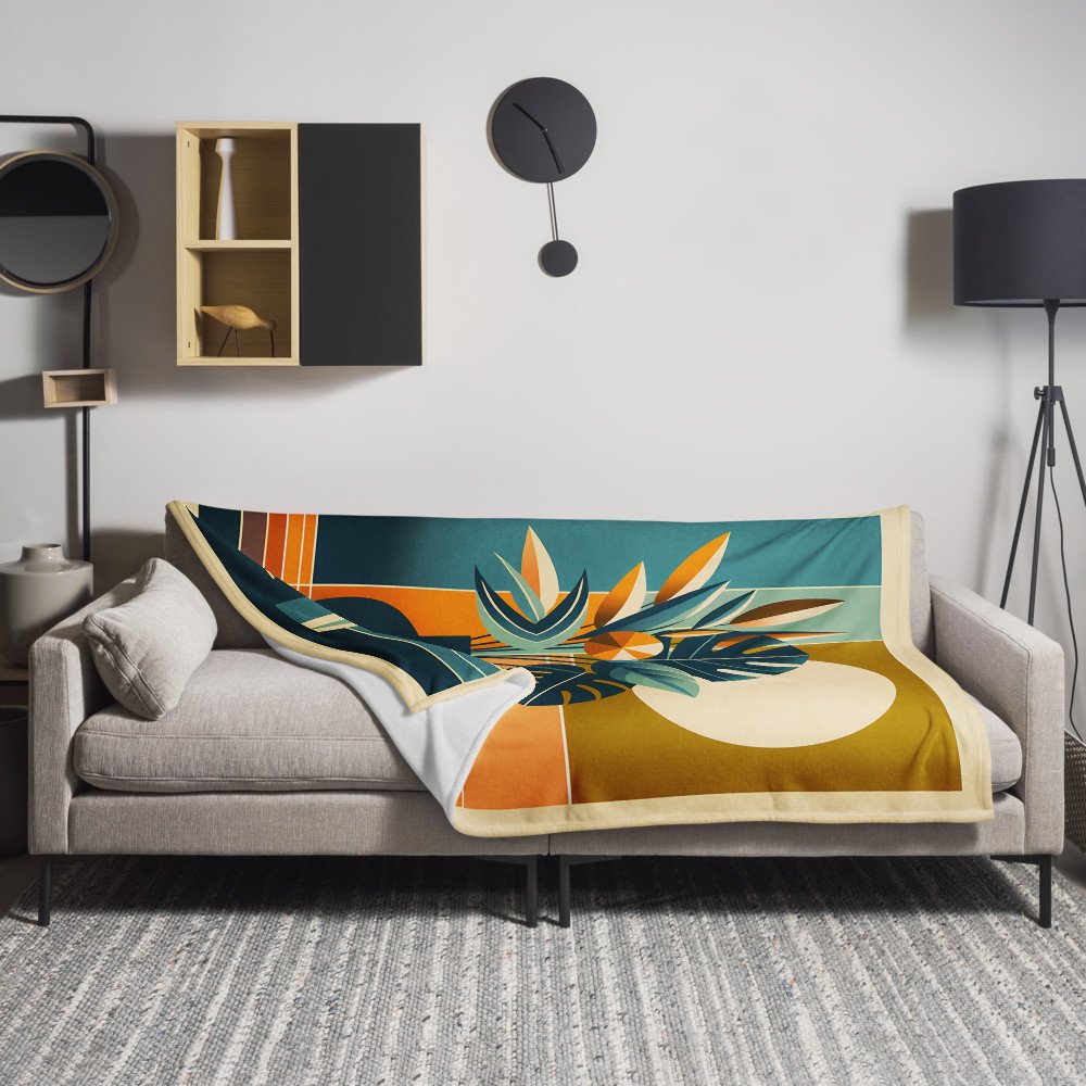 Geometric Botanical Vase with Sun and Tropical Leaves — Throw Blanket