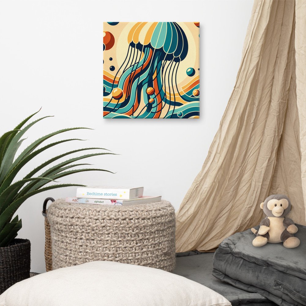 Retro jellyfish over stylised ocean waves — Canvas Print