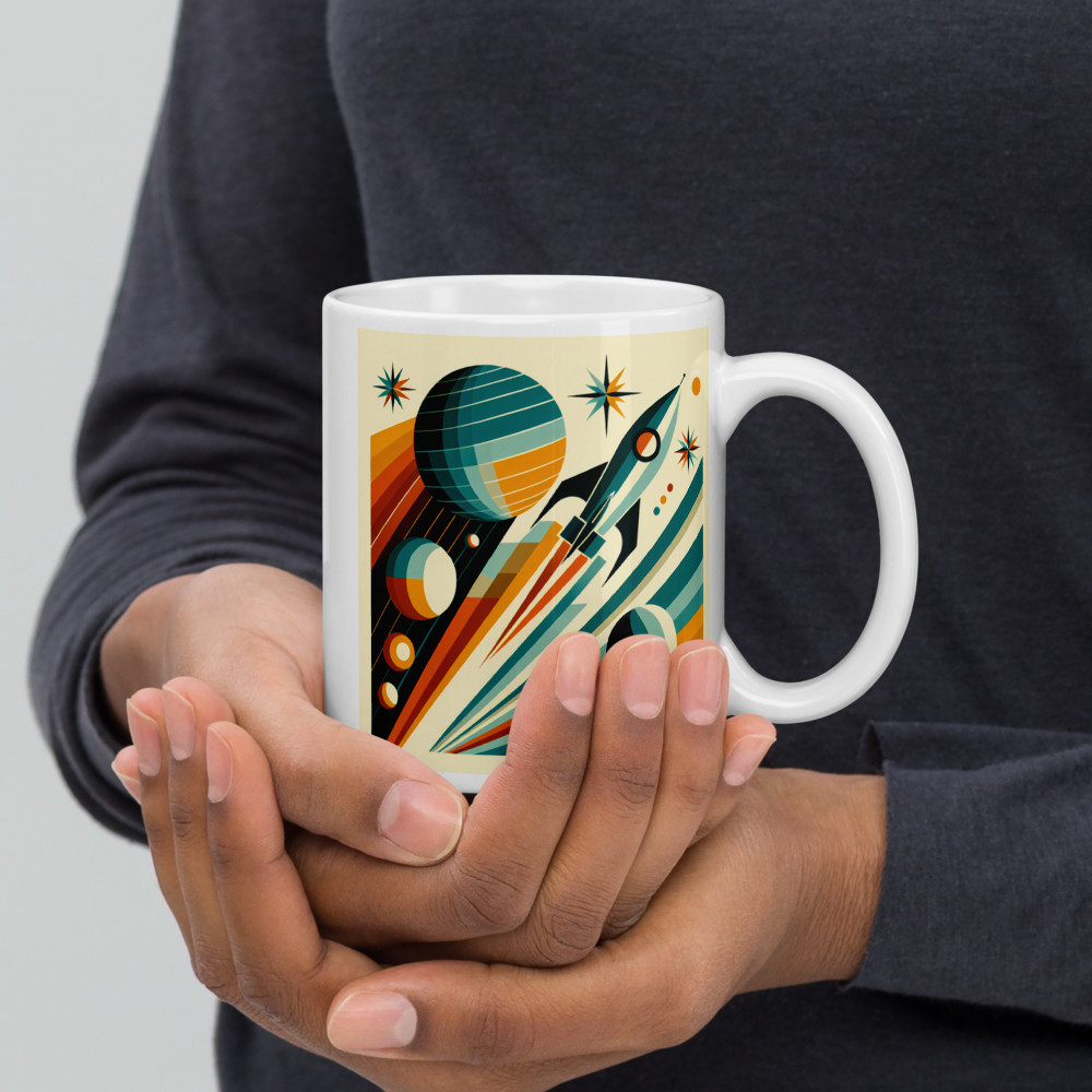 Retro Space Rocket with Planets and Starbursts — Mug