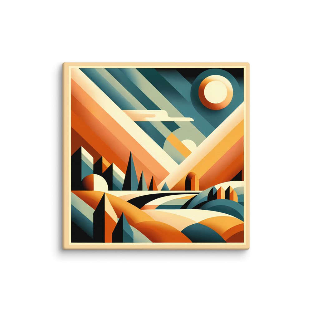 Retro Geometric Sunset Mountain Landscape in Teal