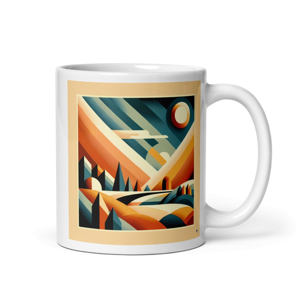 Retro Geometric Sunset Mountain Landscape in Teal