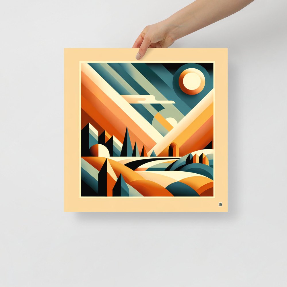 Retro Geometric Sunset Mountain Landscape in Teal