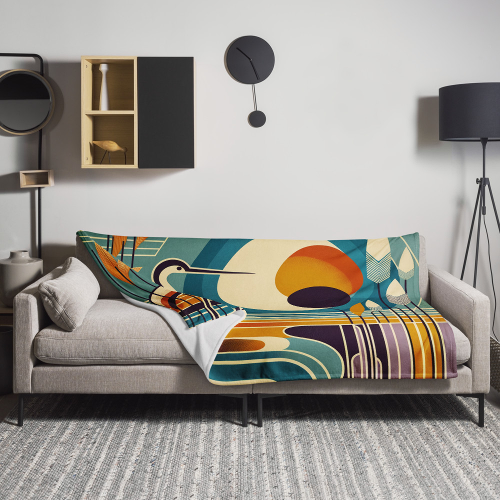 Stylised Heron with Teal Sun and Reeds