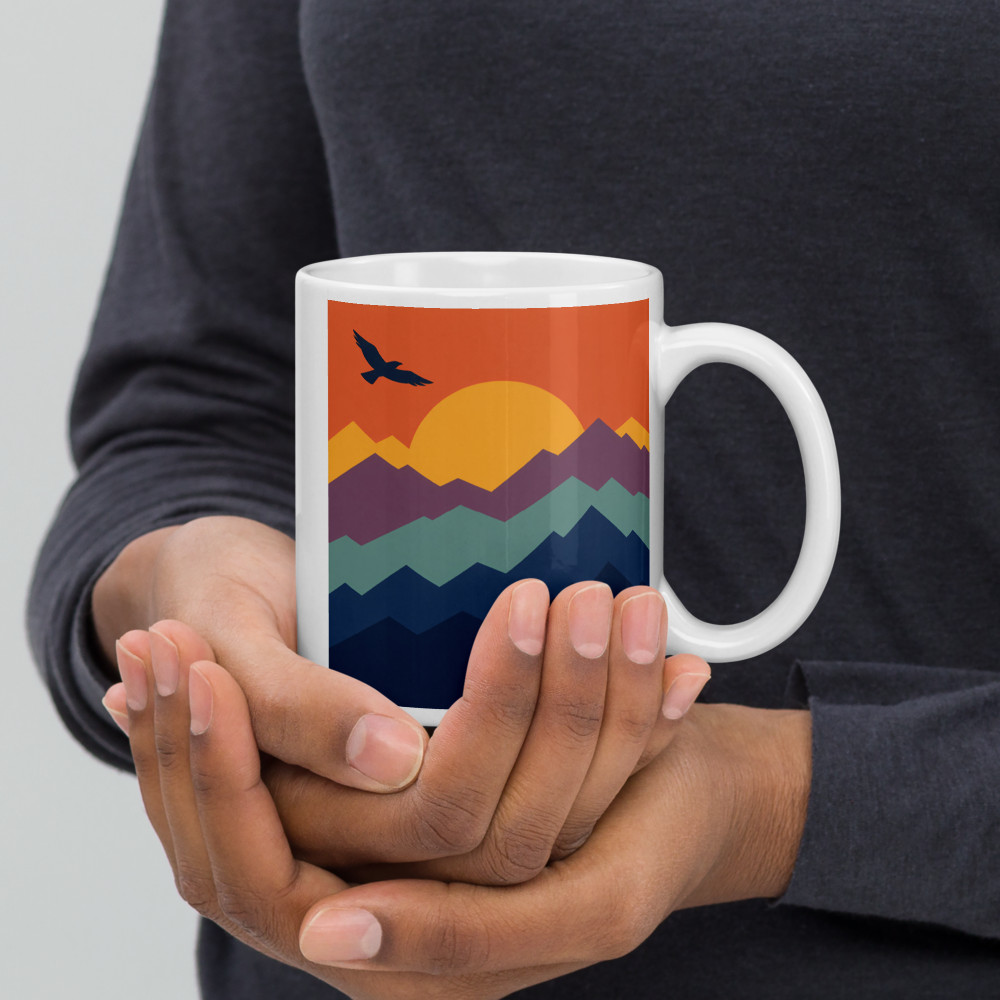 Geometric Mountain Sunset with Flying Bird — Mug