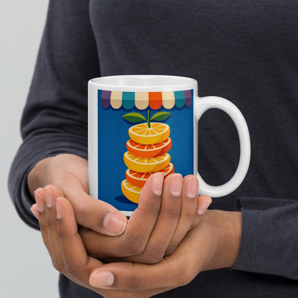 Stacked Citrus Slices Under Market Awning — Mug