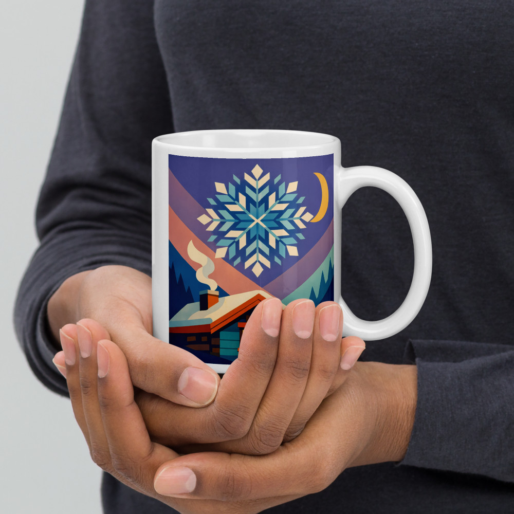 Geometric Snowflake Over Winter Cabin — Mug