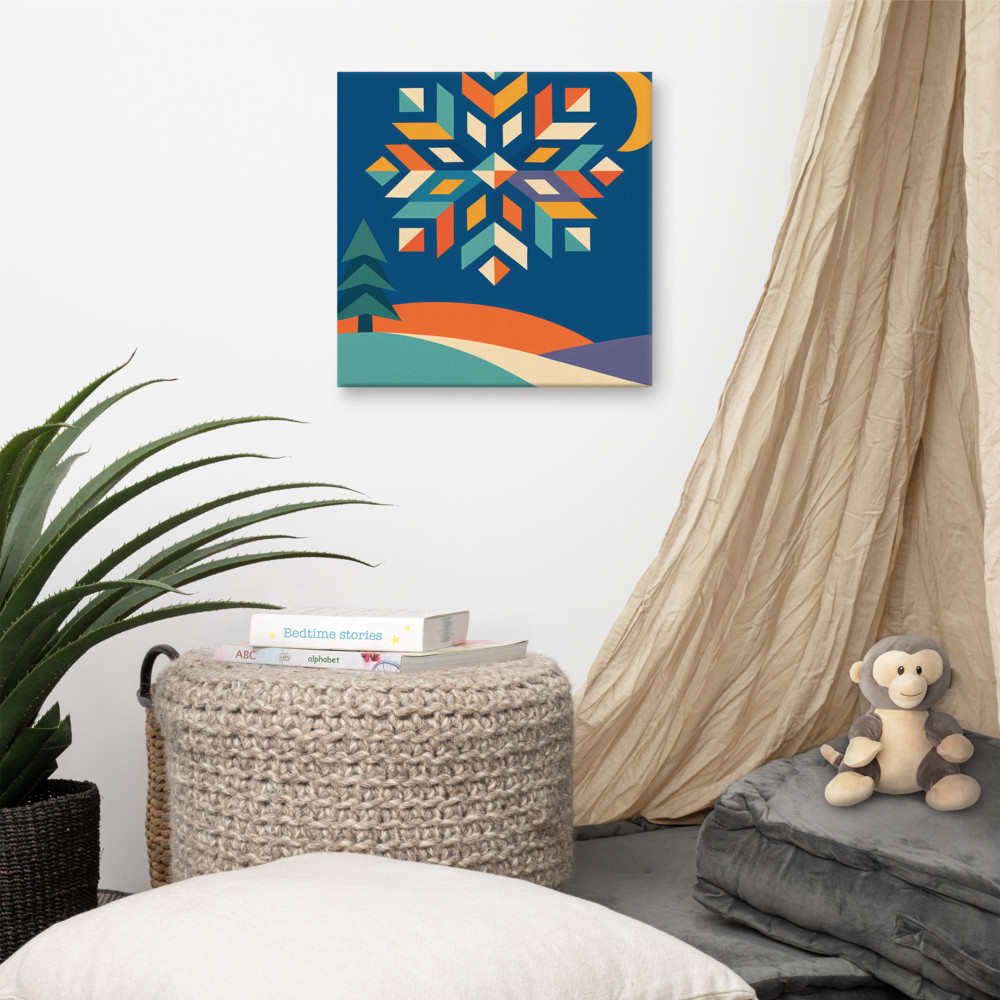 Geometric Snowflake Over Winter Hills
