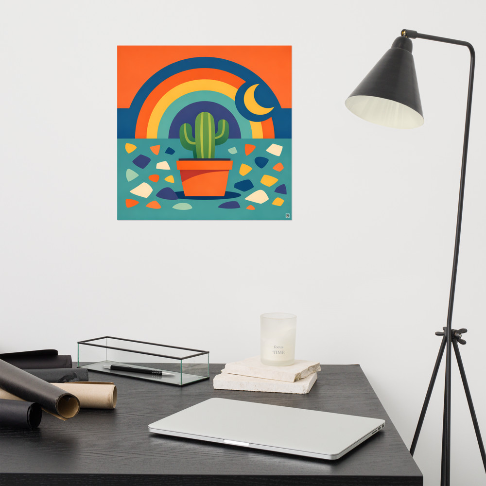 Potted Cactus with Rainbow Moon and Terrazzo Shapes