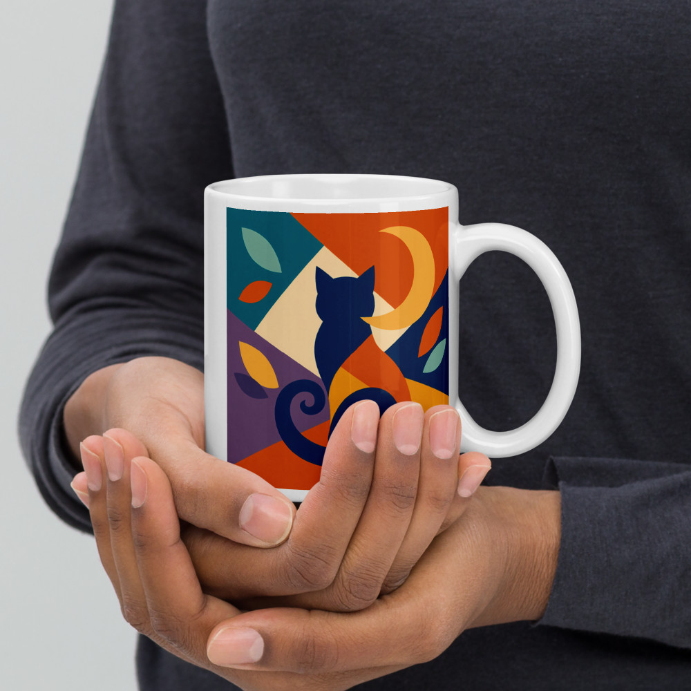 Colour Block Night Cat with Crescent Moon — Mug