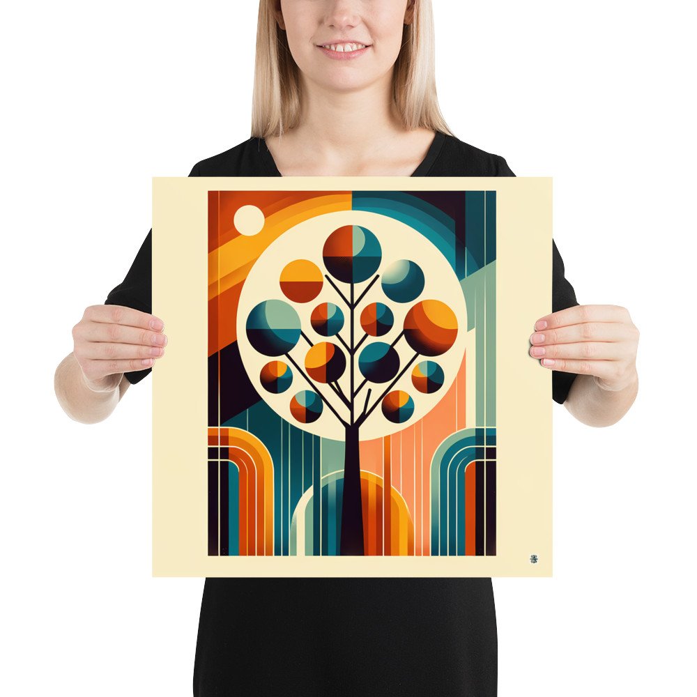 Mid Century Modern Geometric Tree in Teal and Orange