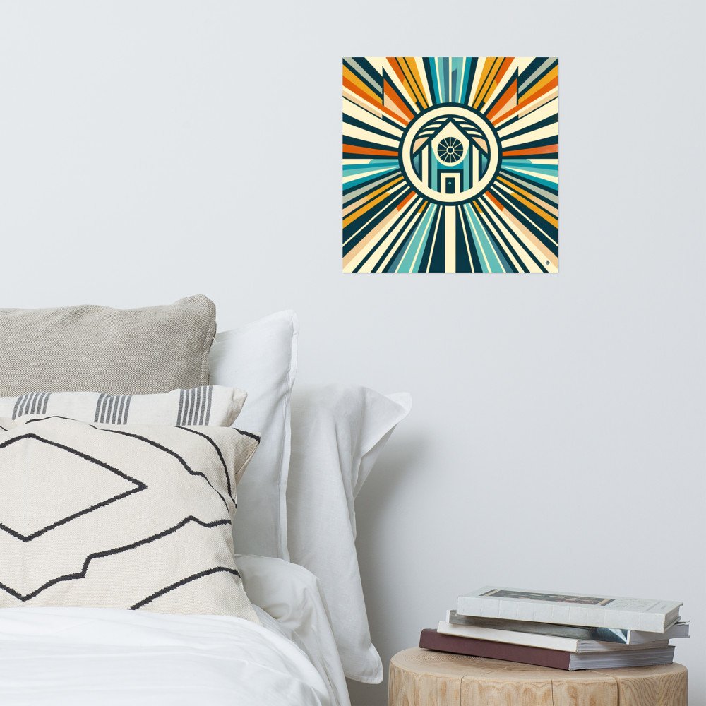 Retro Geometric House Sunburst in Teal and Orange